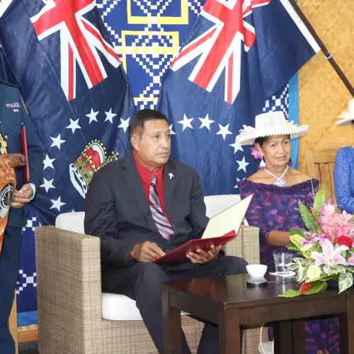 Photo L-R: Cook Islands Police, John Strickland; Cook Islands King Representative H.E. Sir Tom Marsters and Lady Tuaine Marsters